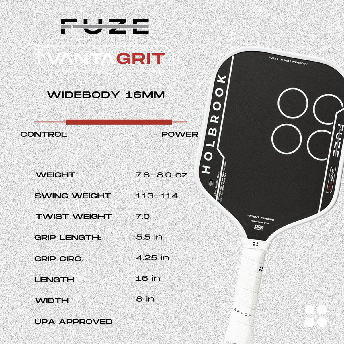 Discover the Holbrook Fuze VantaGrit Widebody pickleball paddle. Featuring Dual Density Foam Core, long-lasting spin, maximum forgiveness and stability. Buy now at Holbrook Pickleball Europe.