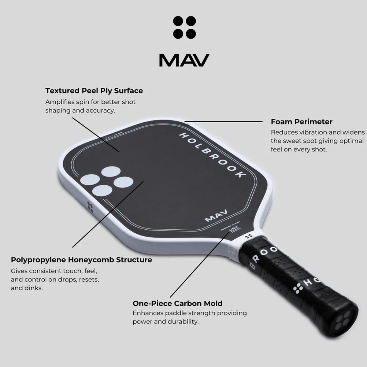 Discover the Holbrook Mav Pickleball Paddle. A versatile all-court paddle offering outstanding control, power, spin, and an enlarged sweet spot. Buy now at Holbrook Europe.