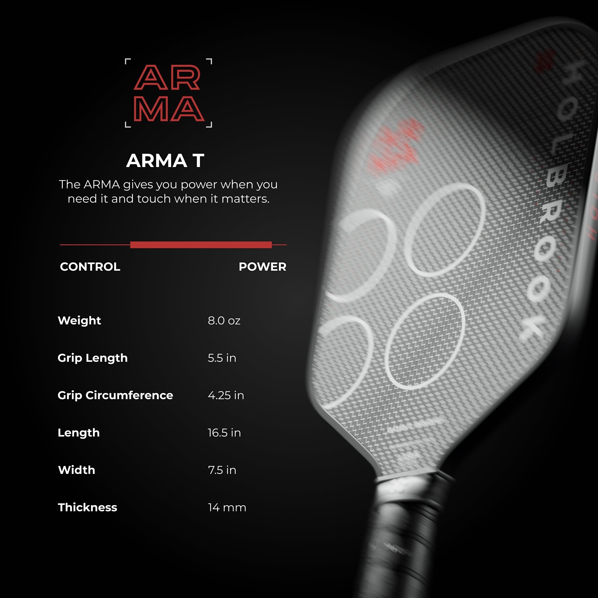 Holbrook Arma T 14mm – Elongated Paddle with Power & Reach. Buy now at Holbrook Pickleball Europe.