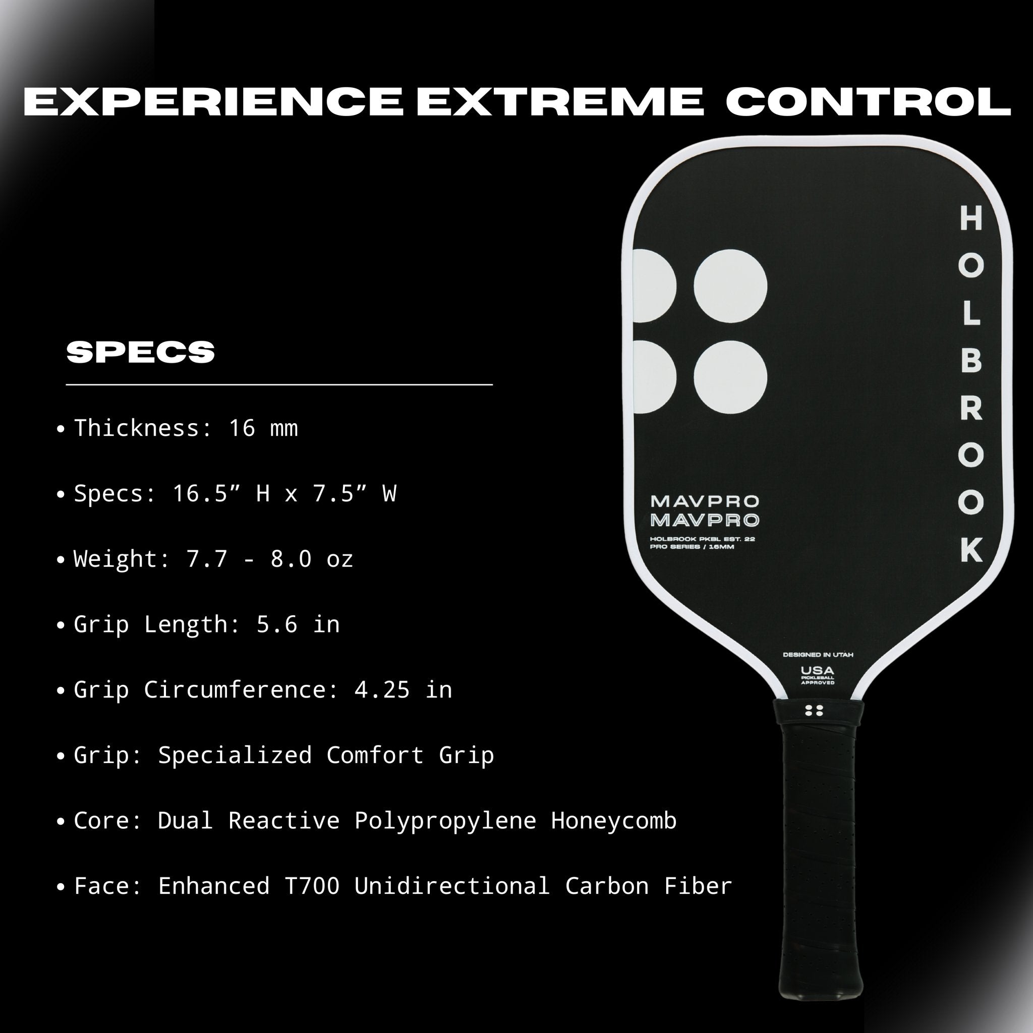 Holbrook Mav Pro 2.0 Paddle – 16mm Carbon for European Players