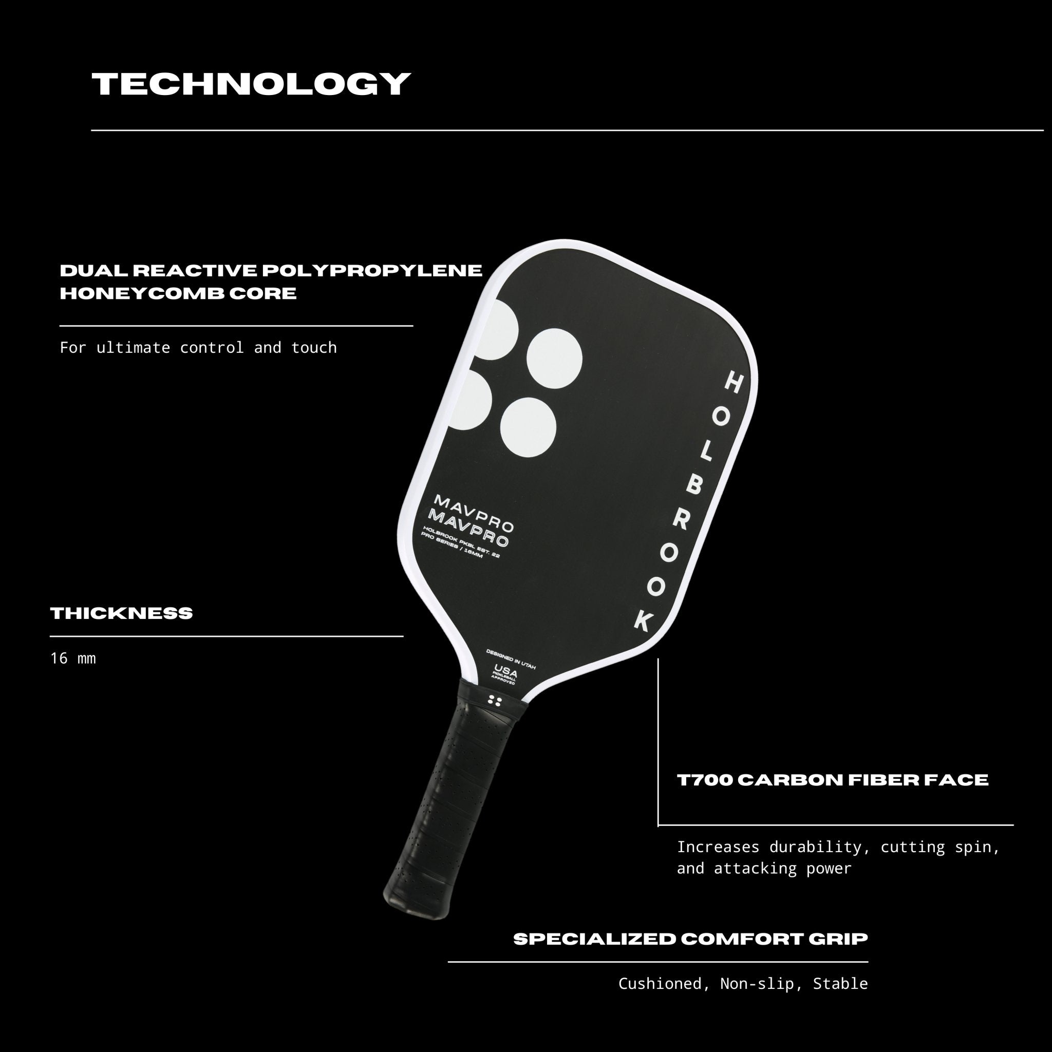 Holbrook Mav Pro 2.0 Paddle – 16mm Carbon for European Players