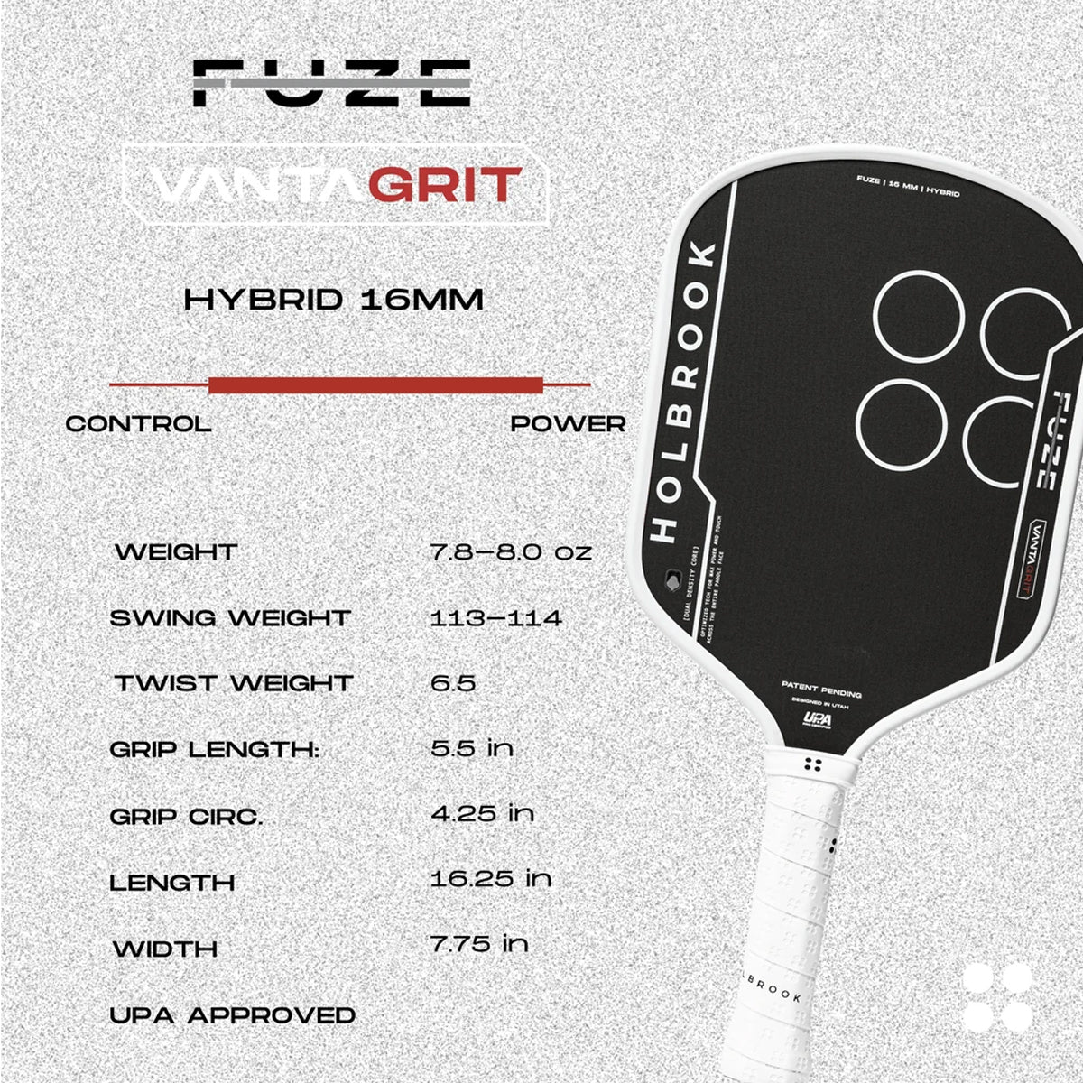 Discover the Holbrook Fuze VantaGrit Hybrid pickleball paddle. Featuring Dual Density Foam Core, long-lasting spin, explosive power and exceptional control. Buy now at Holbrook Pickleball Europe.