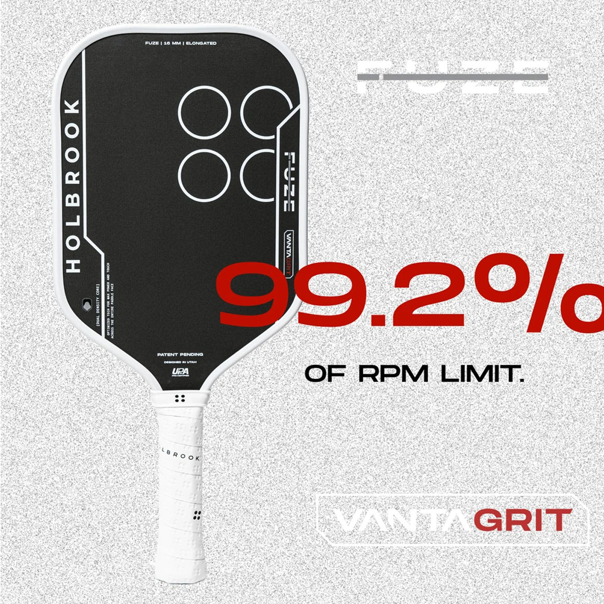 Discover the Holbrook Fuze VantaGrit Elongated pickleball paddle. Featuring Dual Density Foam Core, exceptional spin, explosive power and precise control. Buy now at Holbrook Pickleball Europe.